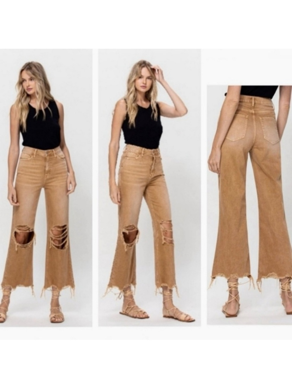 VERVET Leslie 90’s Vintage Flare High-Rise Tan Wide-Leg Distressed Jeans Size 25